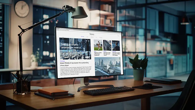 Modern workspace with monitor showing website, ideal for affordable web design in Saginaw for small businesses.